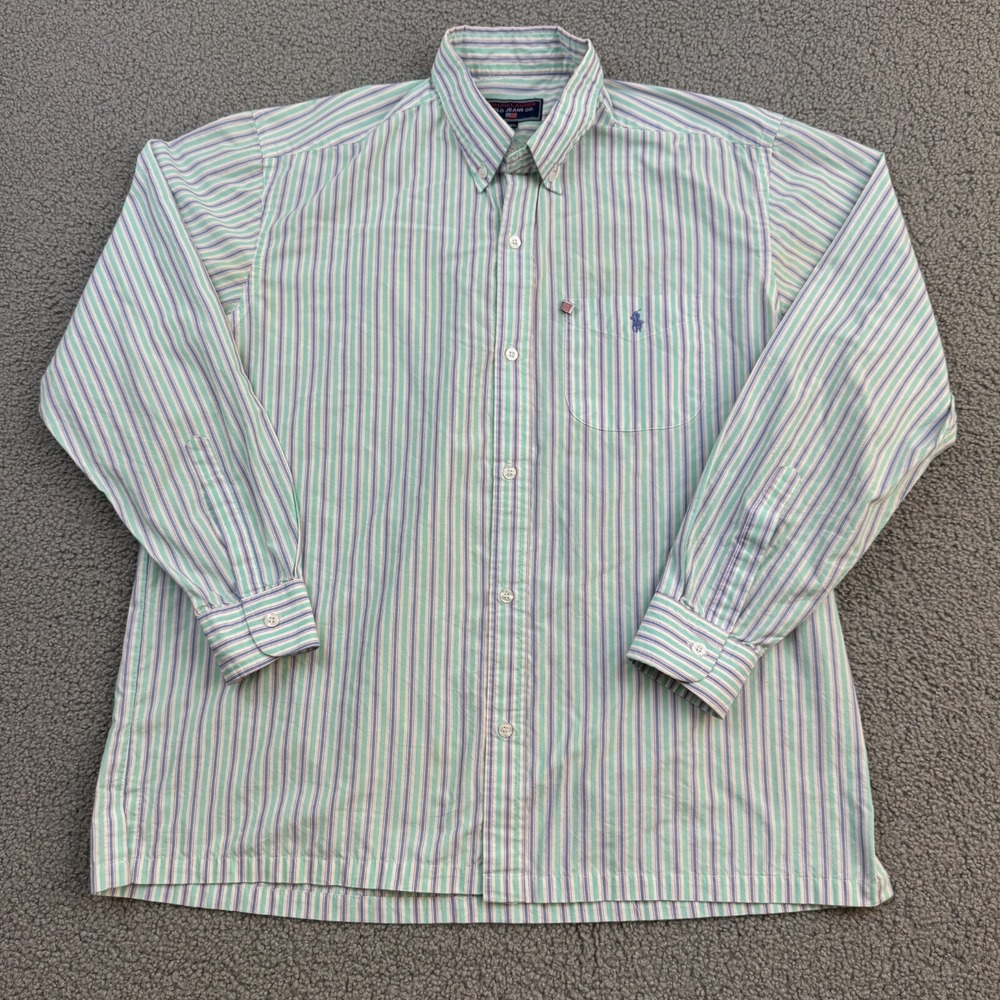 Vintage Ralph Lauren Shirt Mens 2XL Green Striped Polo Jeans Co Button Up *READ